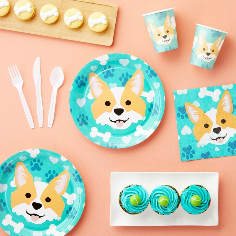 Blue Panda 144 Piece Corgi Party Supplies, Dog Birthday Decorations with Paper Plates, Napkins, Cups, and Cutlery (Serves 24) - Image 2